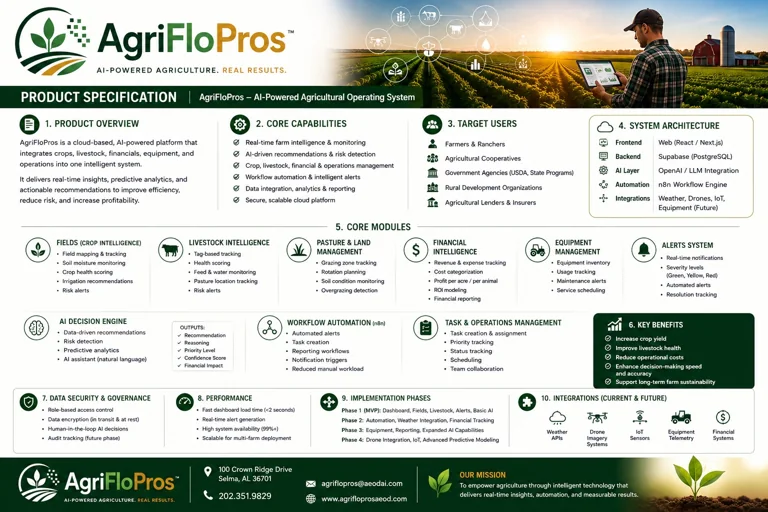 AgriFloPros product overview & capabilities. Supplied product artwork; illustrative content, not verified results.